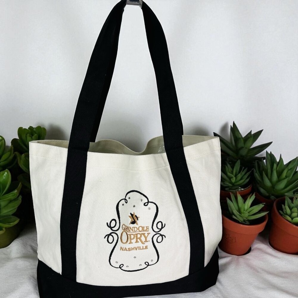 Grand Ole Opry Nashville TN Black Cream Rhinestones Canvas Medium Size Tote Bag